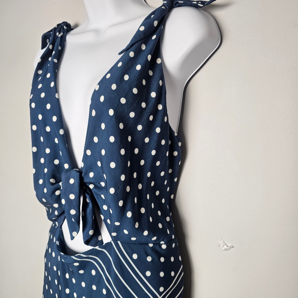 Abercrombie & Fitch Maxi Dress Womens XL Navy Polka Dot Cutout Tie Resort Summer - Picture 3 of 11